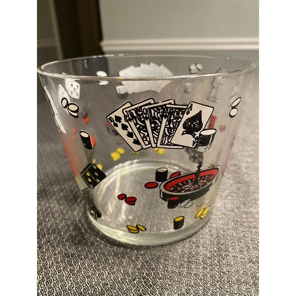 Hazel Atlas Poker Themed Cards Ice Bucket & 5 Glasses 1960’s Man Cave Barware